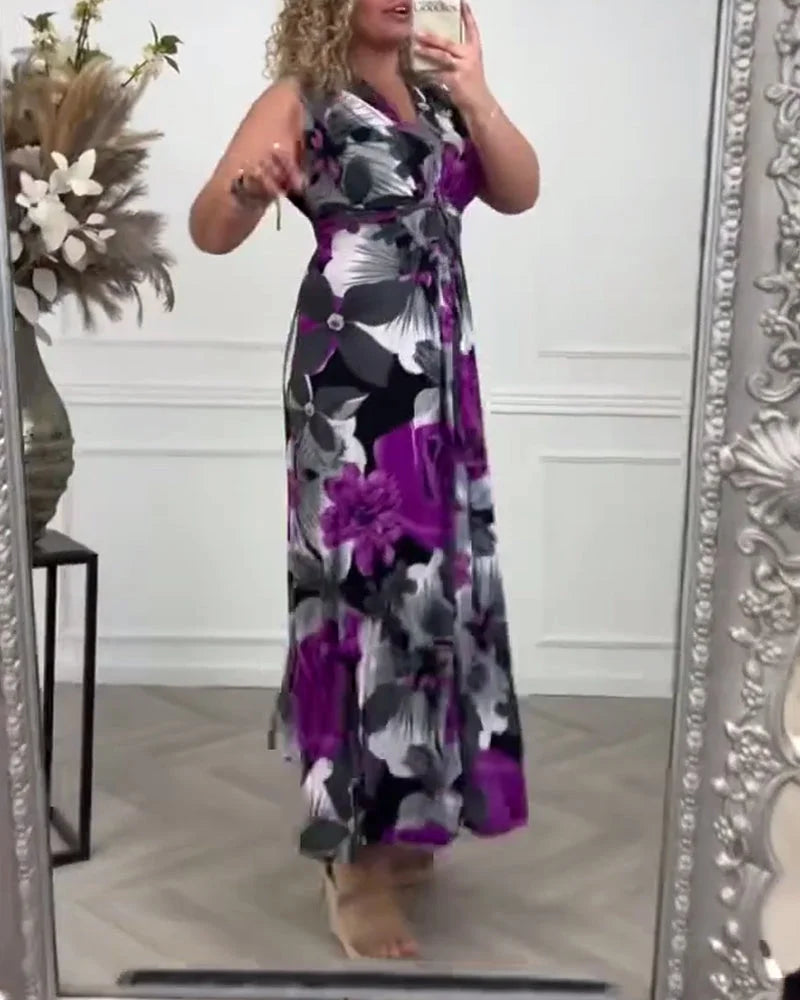 Casual yet elegant women's floral print maxi dress, sleeveless V-neck with tie-front. Flowing long summer dress.