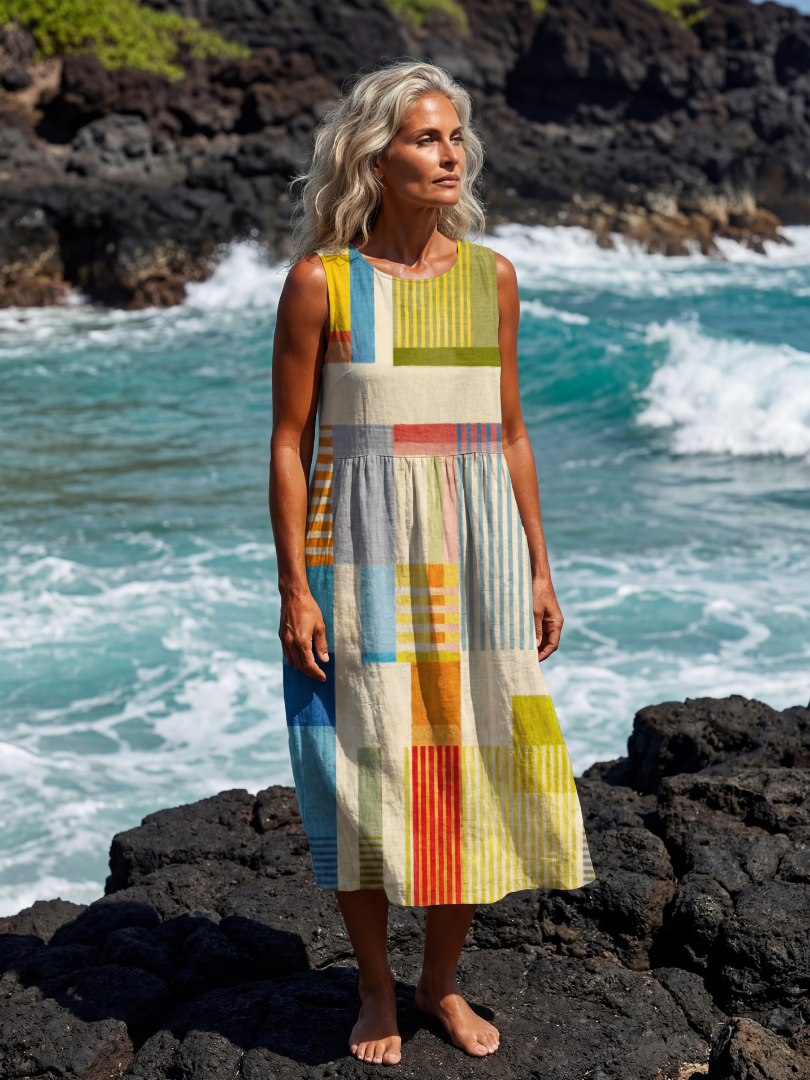 Women's colorful painted block midi dress, sleeveless, casual summer style for effortless fashion.