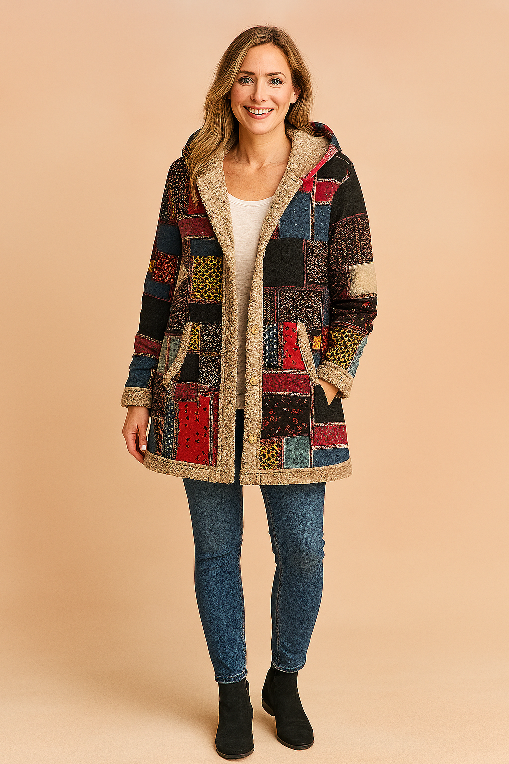 Women's colorful patchwork fleece hooded jacket, cozy winter outerwear