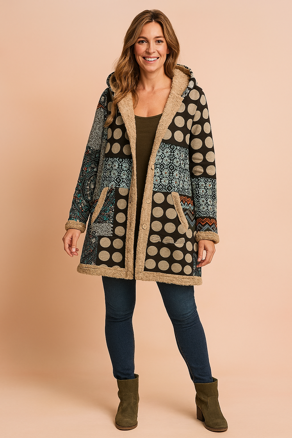 Stylish hooded fleece jacket for women with unique boho patchwork design
