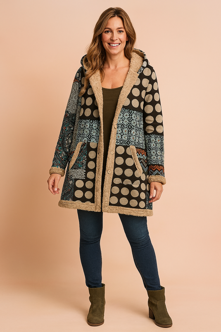 Stylish hooded fleece jacket for women with unique boho patchwork design