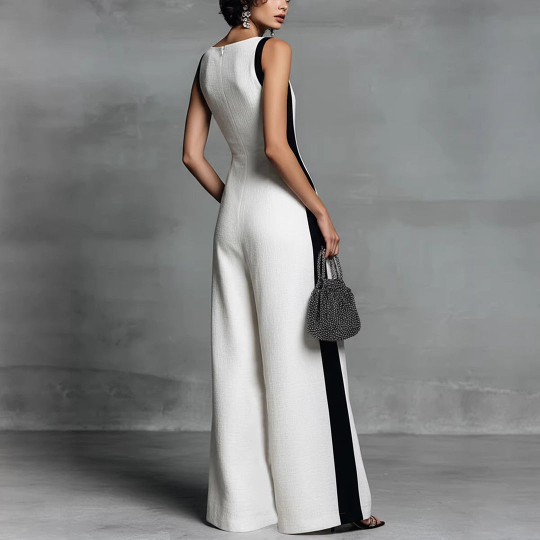 Stylish women's colour-block wide-leg jumpsuit. Sleeveless V-neck one-piece, perfect for elegant evening or smart-casual.