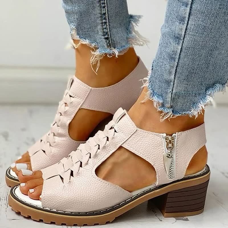 Women's comfort block heel sandals with intricate woven detail, perfect for elegant everyday summer wear.