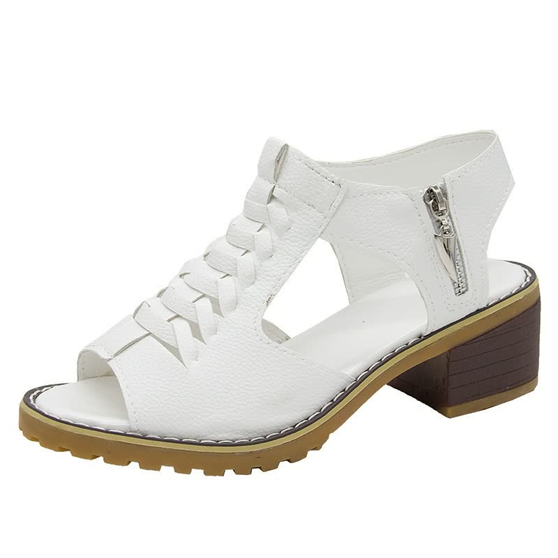 Stylish women's comfort block heel sandals with zip closure & chic woven straps, versatile for casual or dressy looks.