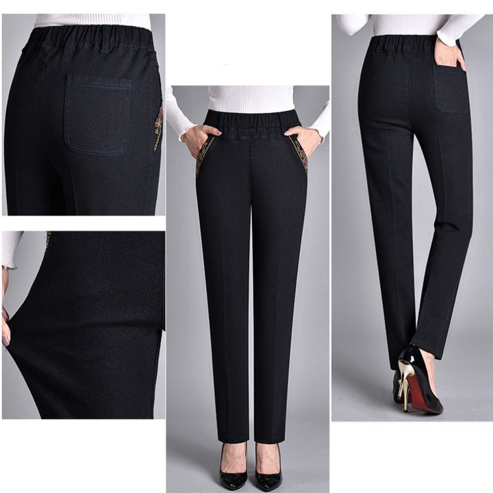 Versatile women's straight-leg comfort jeans. Elastic waistband & side pockets. Great for casual everyday fashion.