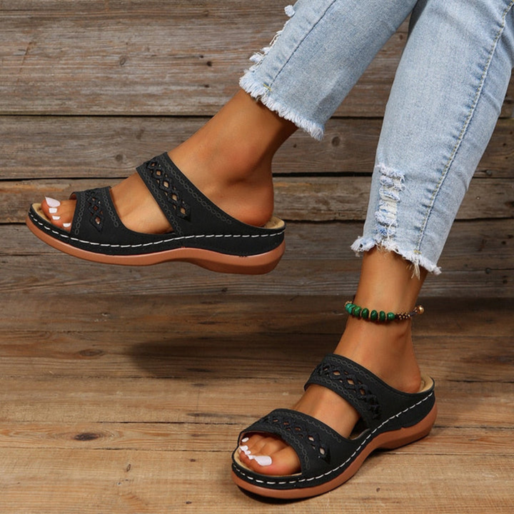 Orthopedic wedge slide sandals for women, offering superior arch support and comfort for casual wear.