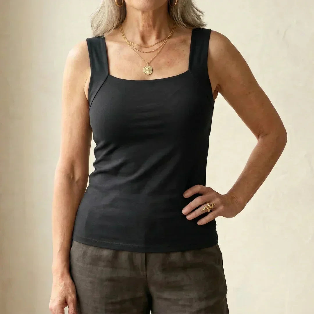Red women's built-in bra comfort top. Soft, supportive, and stylish for casual outings.