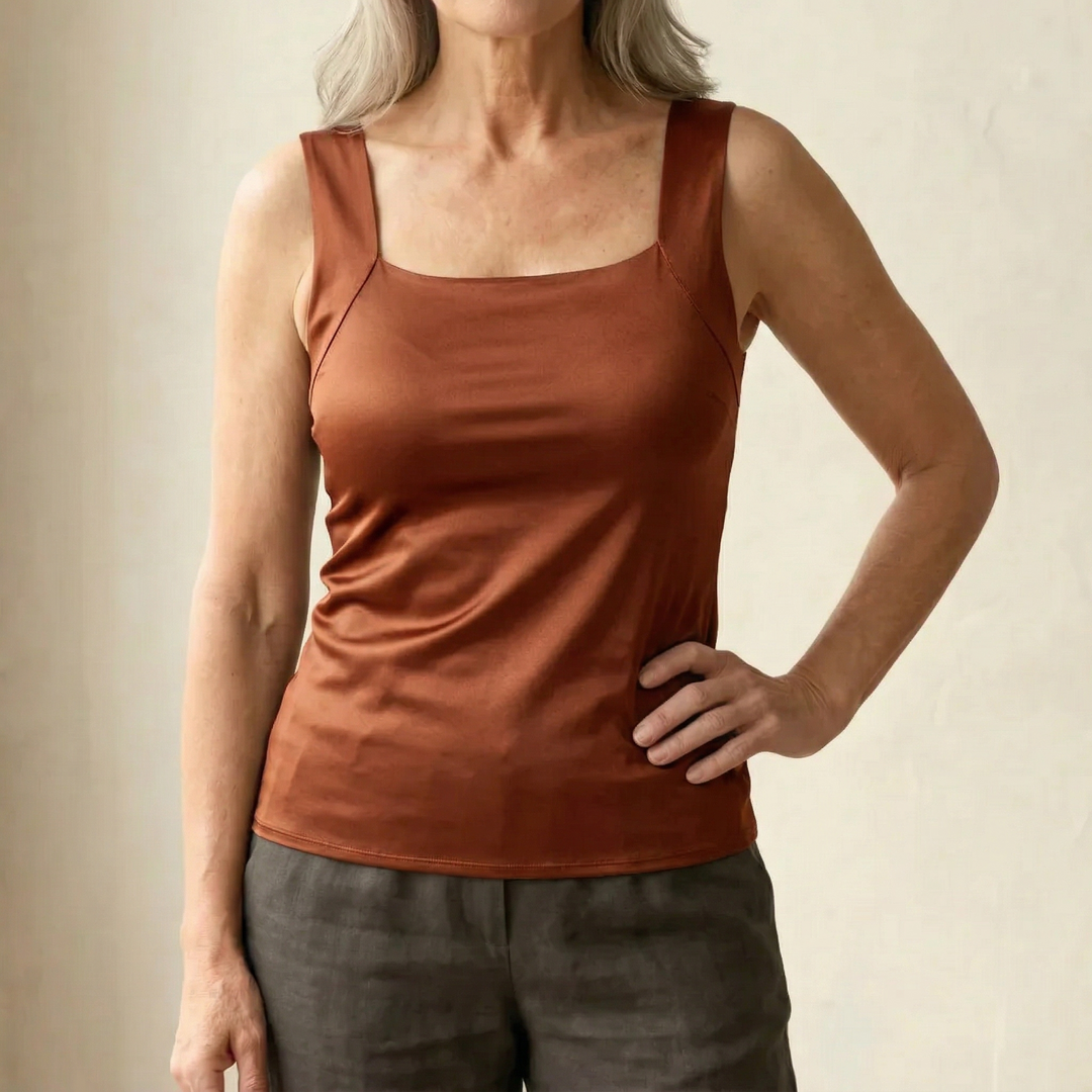 Women's built-in bra comfort tank top. A basic, supportive, and soft sleeveless summer top.