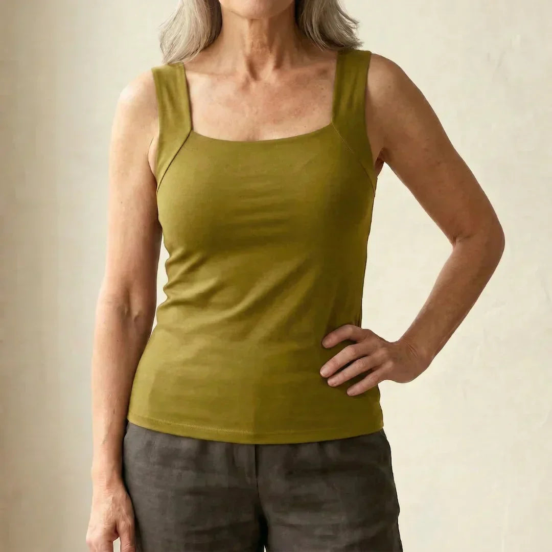 Supportive women's built-in bra tank. Casual everyday top, perfect for summer activities.