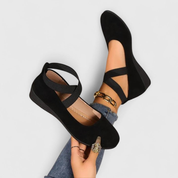 Women's comfortable ankle strap ballet flats in classic black, perfect for everyday wear & versatile fashion.