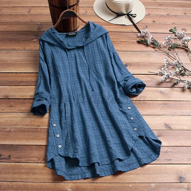 Women's comfortable boho tunic hoodie with stylish button details, perfect for a relaxed, everyday look.