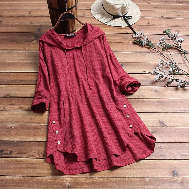 Stylish women's boho button-up tunic hoodie, a comfortable and relaxed piece for versatile everyday wear.