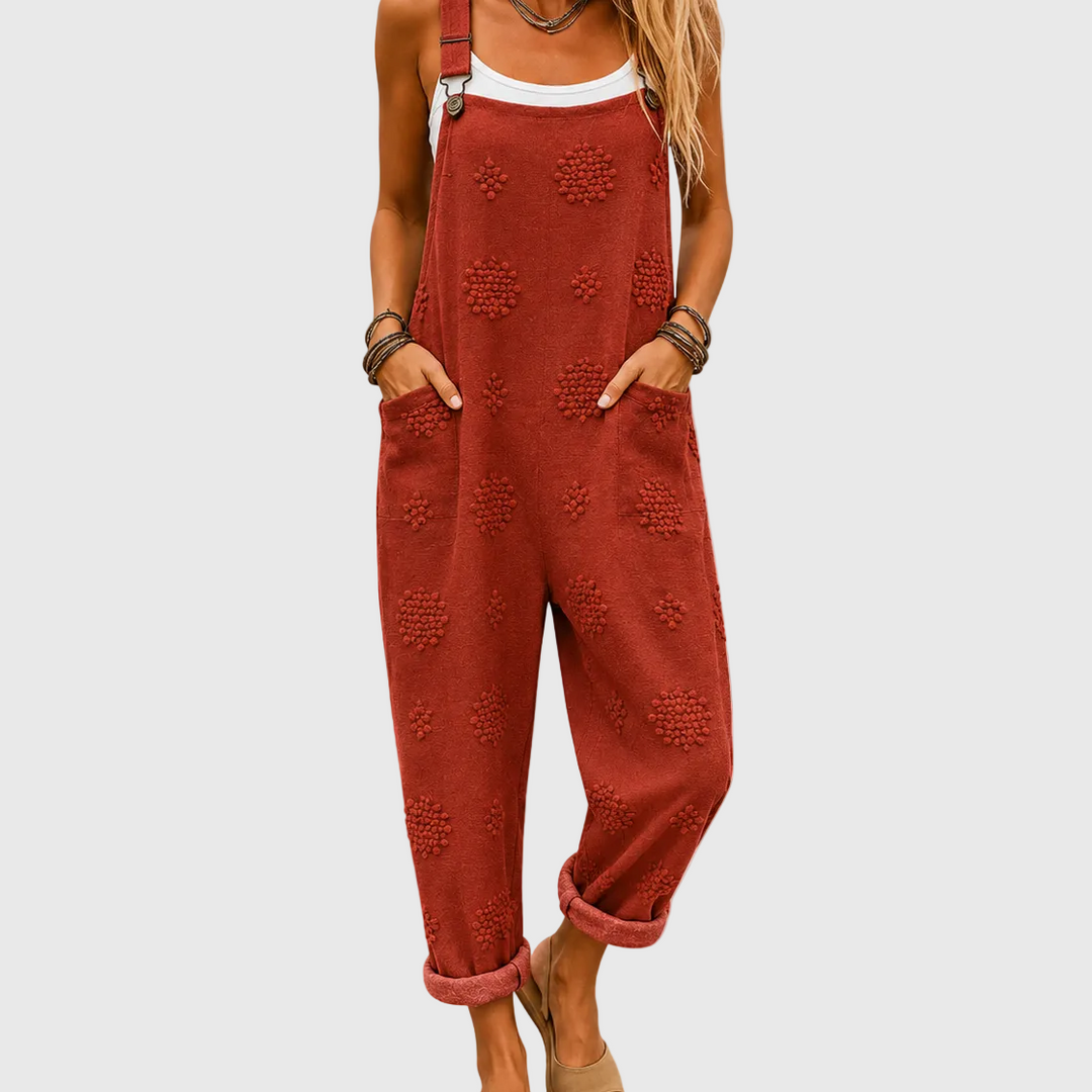 Women's comfortable brick red overalls with adjustable straps, loose fit, and pockets for casual summer fashion.