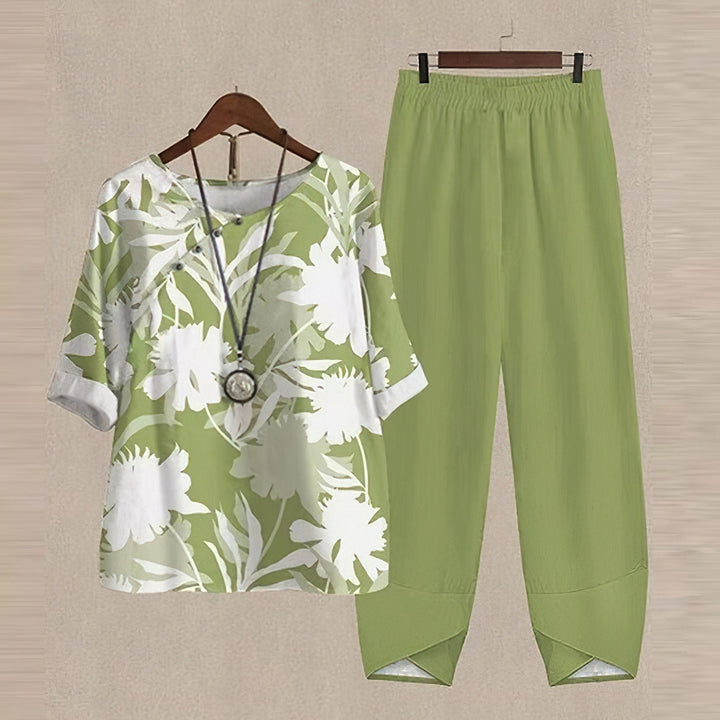 Women's comfortable chic two-piece shirt & trousers matching set, perfect for casual spring & summer outfits.