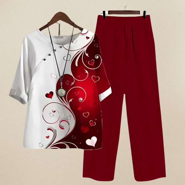 Stylish women's two-piece shirt & trousers set, comfortable relaxed fit for summer outfits & holiday style.