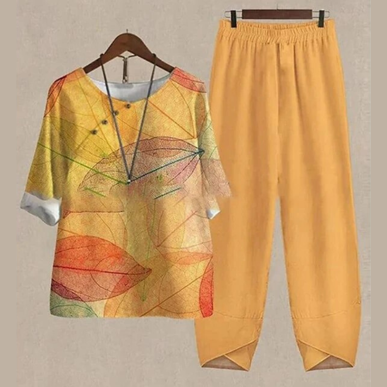 Elegant women's two-piece matching set (shirt & trousers) for relaxed spring fashion & comfortable versatile wear.