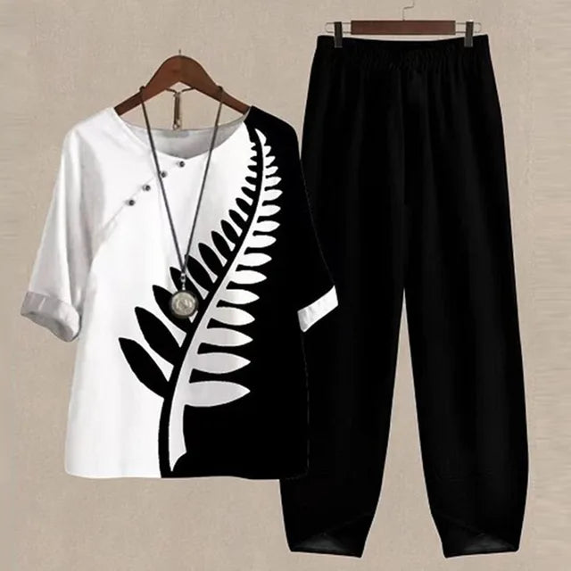 Versatile women's two-piece set: comfortable chic shirt & trousers, great for casual outings or travel wear.