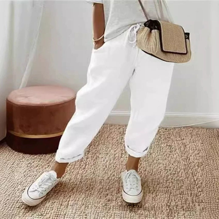 Modern women's casual chinos, designed with a comfortable elastic waistband.