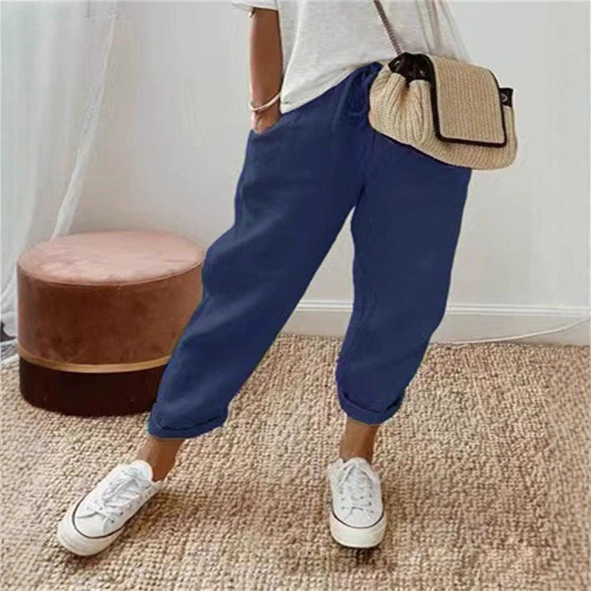 Smart casual women's chinos, comfortable elastic waist pants for daily wear.