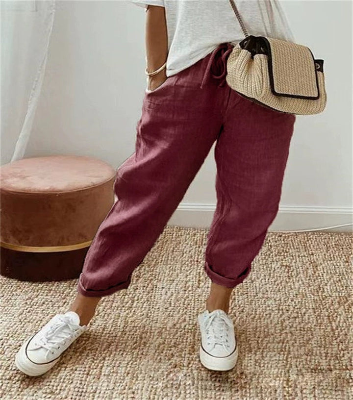 Durable women's chino pants, elastic waist for a relaxed, comfortable fit.