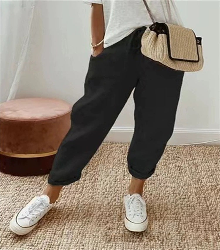 Stylish women's bottomwear: chino pants featuring an elastic waist for comfort.