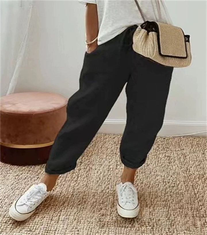 Stylish women's bottomwear: chino pants featuring an elastic waist for comfort.