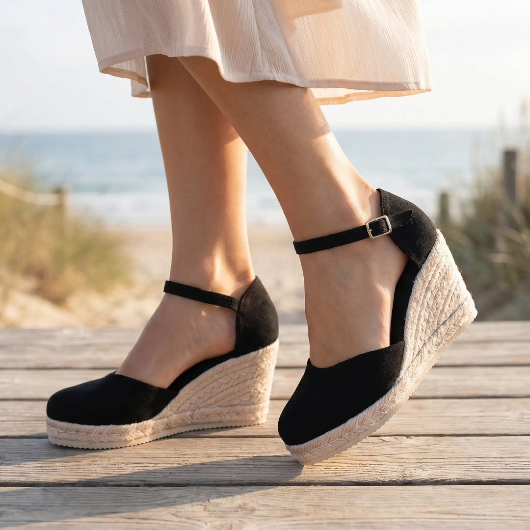 Women's comfortable closed toe wedge sandals, perfect for summer smart casual style with an elegant ankle strap.