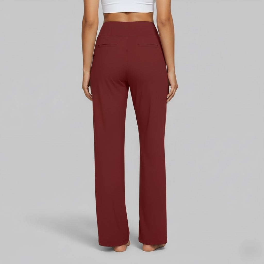 Women's comfortable travel pants with flexible stretch fabric for long journeys.