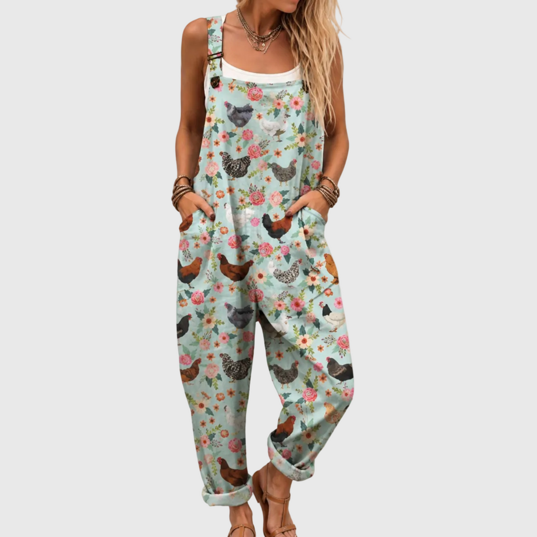 Women's comfortable floral chicken print jumpsuit with pockets, perfect for unique casual summer fashion.