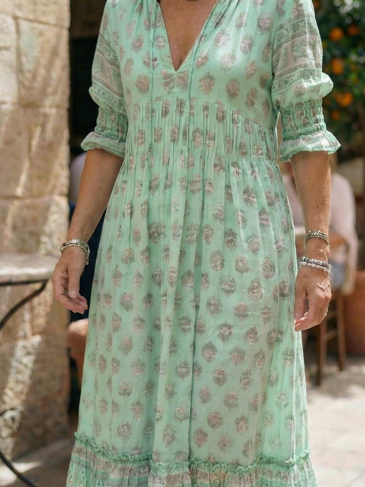 Everyday women's floral spring/summer dress. Knee-length, three-quarter sleeves, button front, for casual comfort.