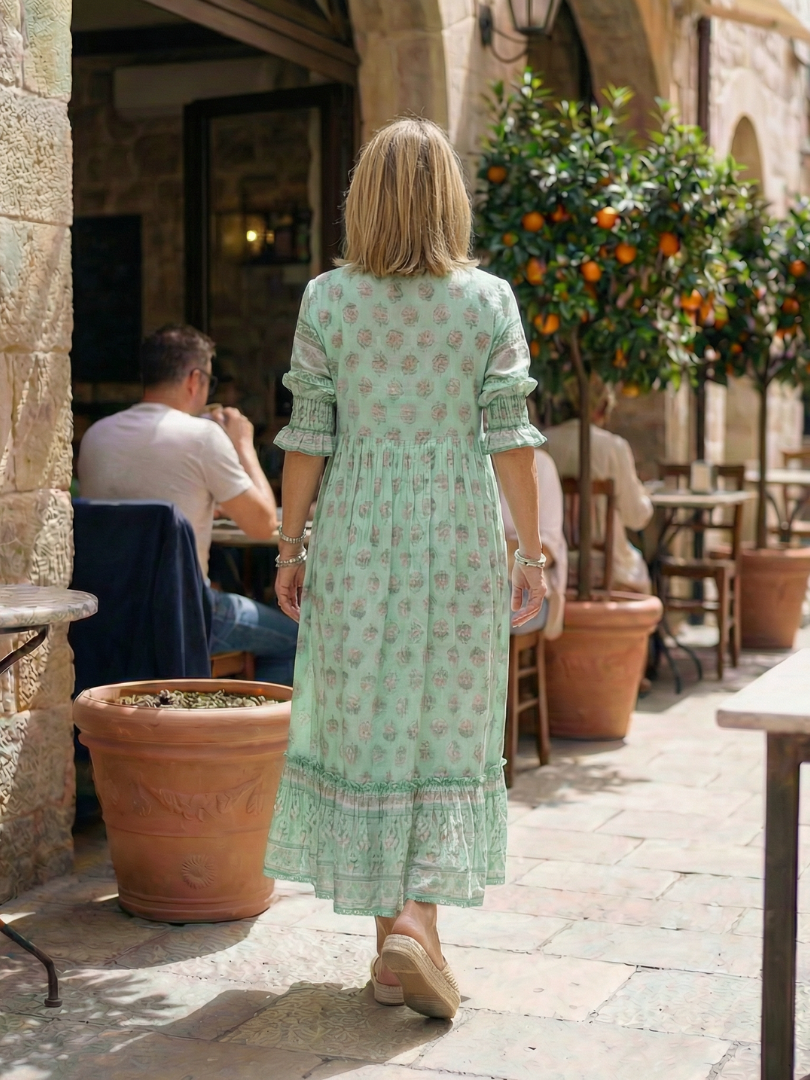 Chic floral garden market dress for women. Casual, knee-length, 3/4 sleeves, button-front design for comfort.