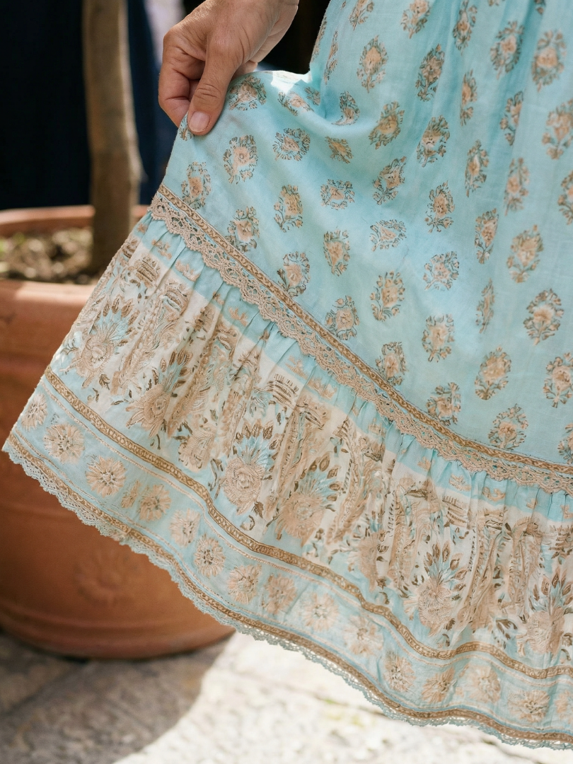 Front view of a women's floral button-front market dress, knee-length, with comfortable three-quarter sleeves.