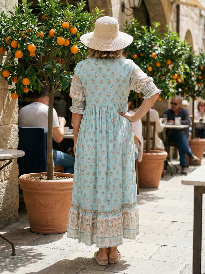 Stylish women's spring floral garden dress, casual, knee-length, three-quarter sleeves, perfect for daily comfort.