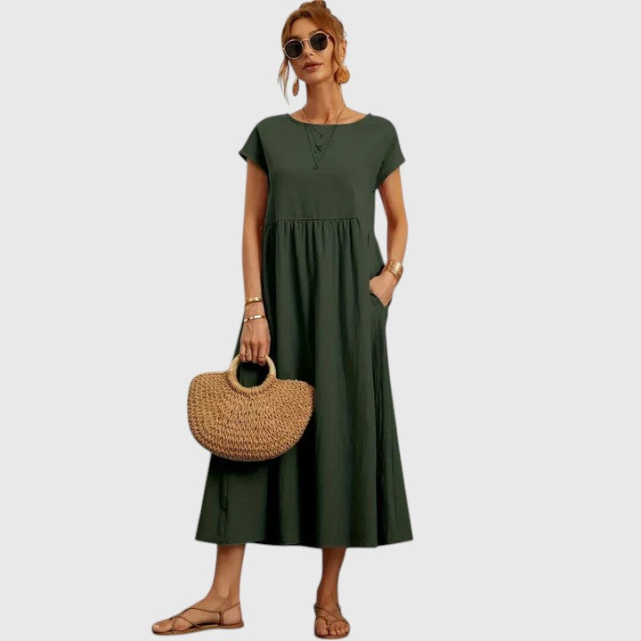 Everyday women's short sleeve midi dress. Super comfortable, flowy, & perfect for summer casual wear.