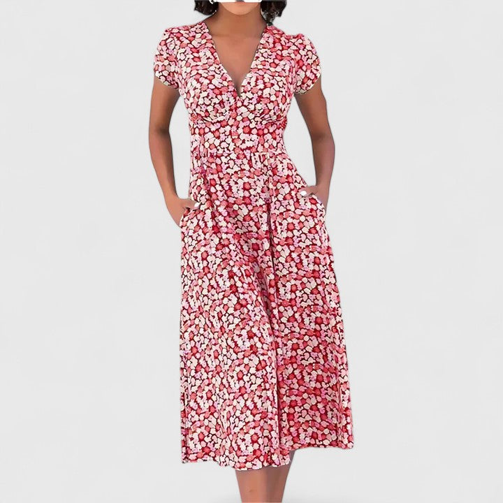 Stylish women's comfortable flowy midi dress, perfect for a chic summer day out or an elegant evening event.