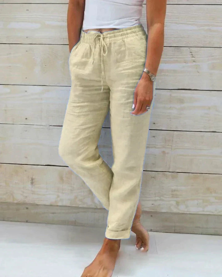 Lightweight flowy summer trousers for women, featuring a comfortable relaxed wide-leg design for all-day wear.