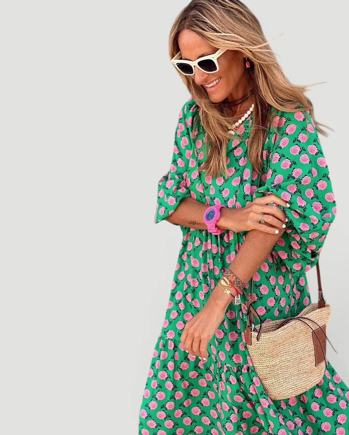 Stylish green tiered maxi dress for women. Comfortable fit, elegant for summer parties & casual outings. Long sleeves.