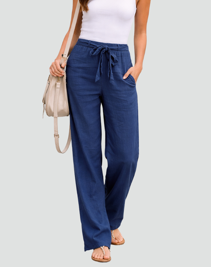 Black women's linen wide leg pants, comfortable loose fit trousers for summer casual wear.
