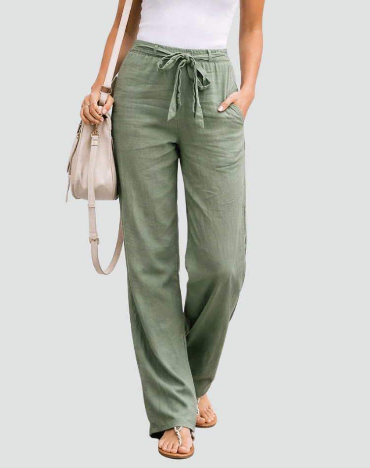 Beige women's comfortable wide leg linen trousers, versatile and perfect for summer casual pants.