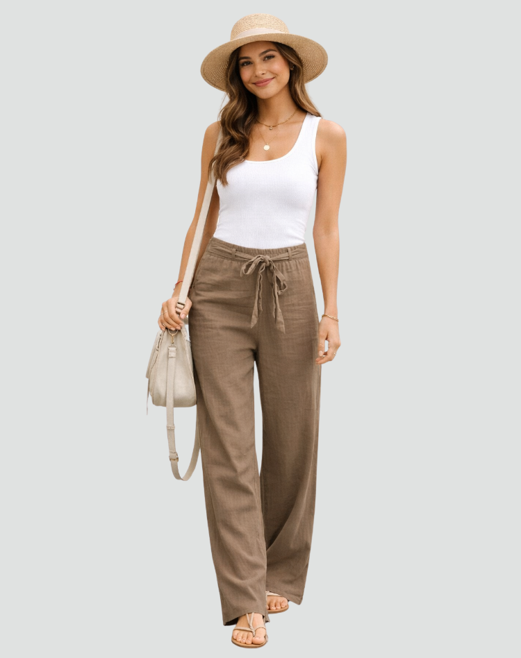 Blue comfortable women's wide leg linen pants, perfect for relaxing summer days or beach outfits.