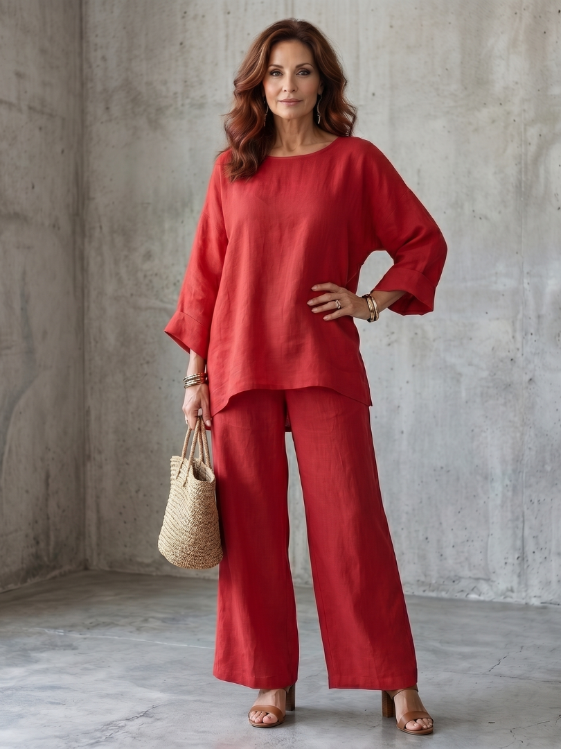 Women's comfortable oversized tunic and wide-leg pant set, perfect for loungewear and relaxed fit.