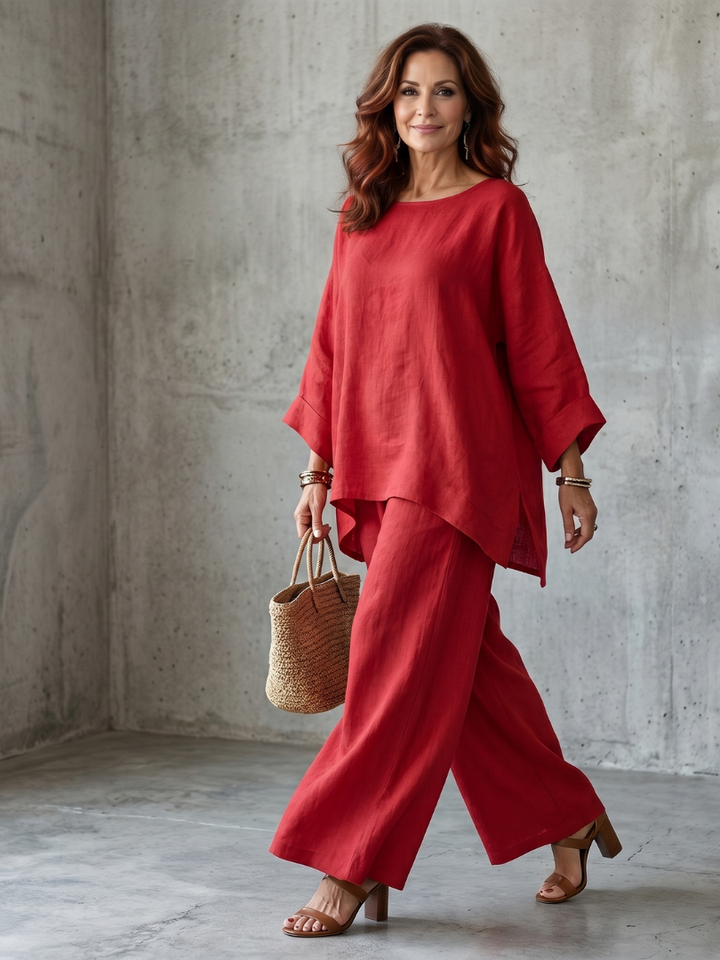 Stylish women's two-piece set: soft oversized tunic and flowing wide-leg pants for casual comfort.