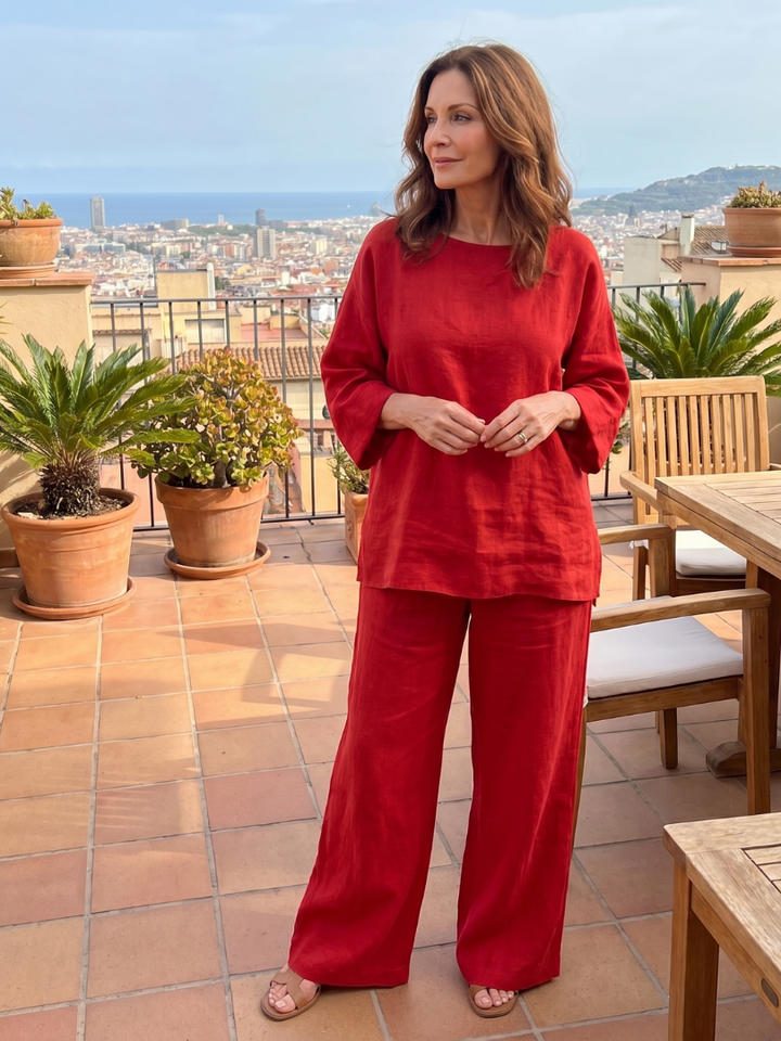Chic women's spring/summer matching set with an oversized tunic and breezy wide-leg pants.