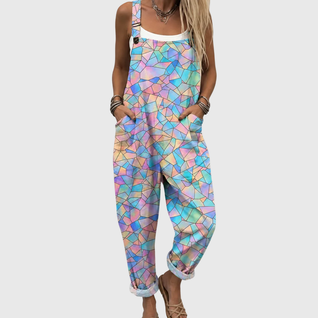 Women's comfortable pastel mosaic jumpsuit, loose fit for casual summer wear or elegant vacation style.