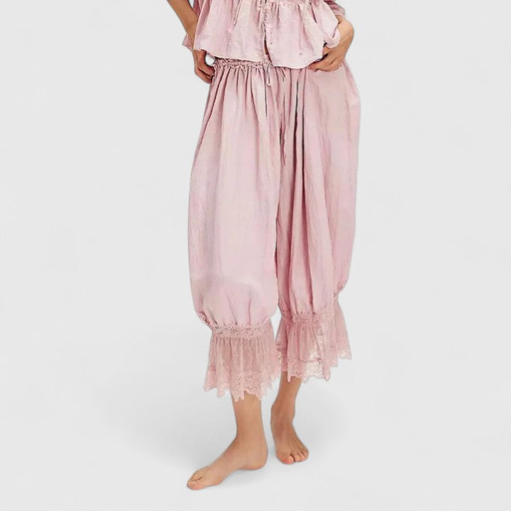 Women's comfortable patchwork lace trousers, loose fit, perfect for casual or streetwear.