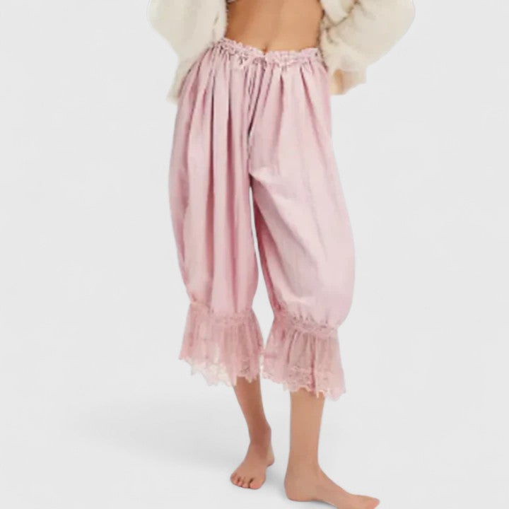 Women's comfy mid-rise trousers, blending stylish patchwork with pretty lace details for daily wear.