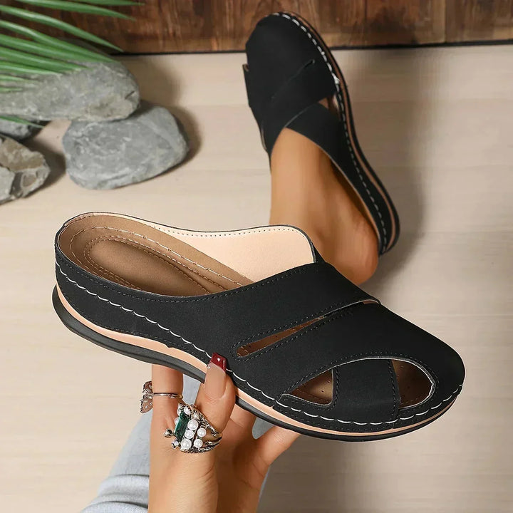 Khaki women's comfortable peep-toe wedge platform sandals. Versatile slip-on footwear for elegant summer style.