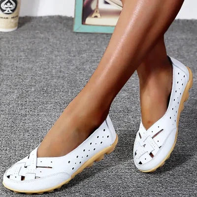 Women's comfortable perforated slip-on loafers. Easy casual flat shoes for everyday walking & summer.