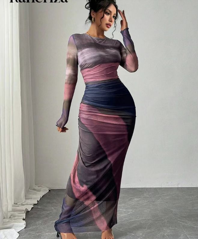 Round neck printed bodycon long sleeve maxi dress. Comfortable women's casual & elegant wear.