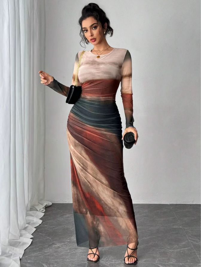 Chic women's long sleeve printed bodycon maxi dress. Perfect for autumn & spring versatile styling.
